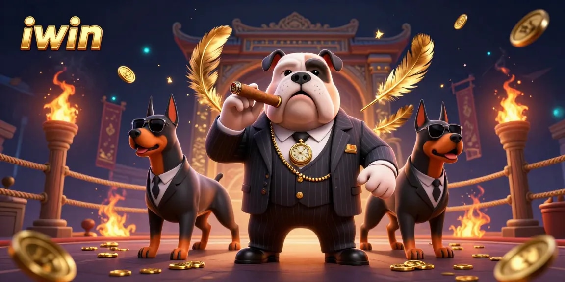 Experience the thrill of iwin with a dynamic scene featuring a mafia boss bulldog and bodyguard Dobermans.
