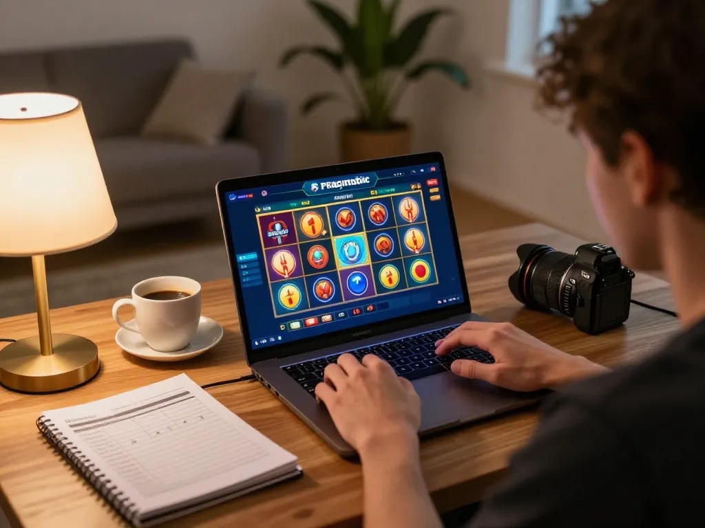 Engaging with a Pragmatic Slot game on a laptop in a cozy home setting, focusing on bankroll management.