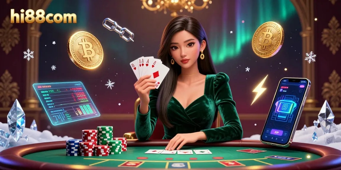 Play poker at hi88com with a stunning Asian woman, surrounded by crypto elements and casino atmosphere.