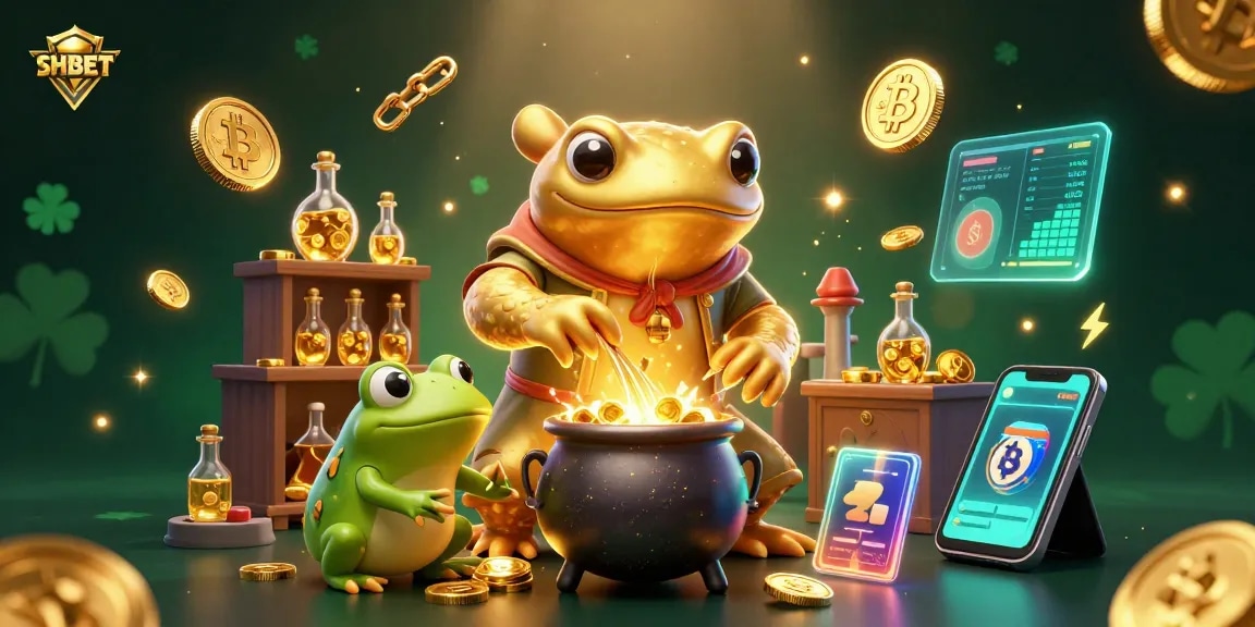 Join SHBET for an exciting gold-transmuting adventure in this vibrant casino illustration.