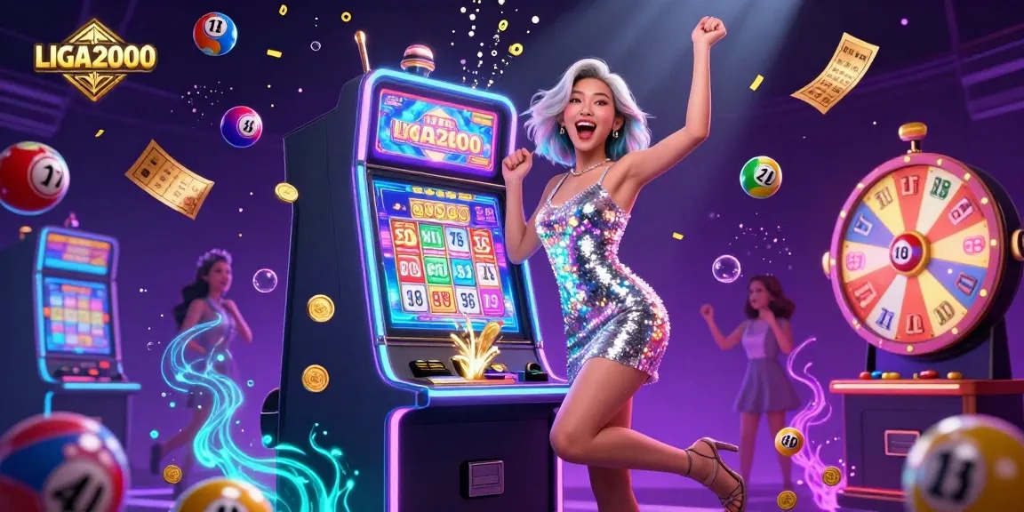 LIGA2000 menampilkan suasana kasino yang hidup dengan seorang wanita Asia yang merayakan di dekat mesin slot yang dikelilingi oleh elemen lotere emas.