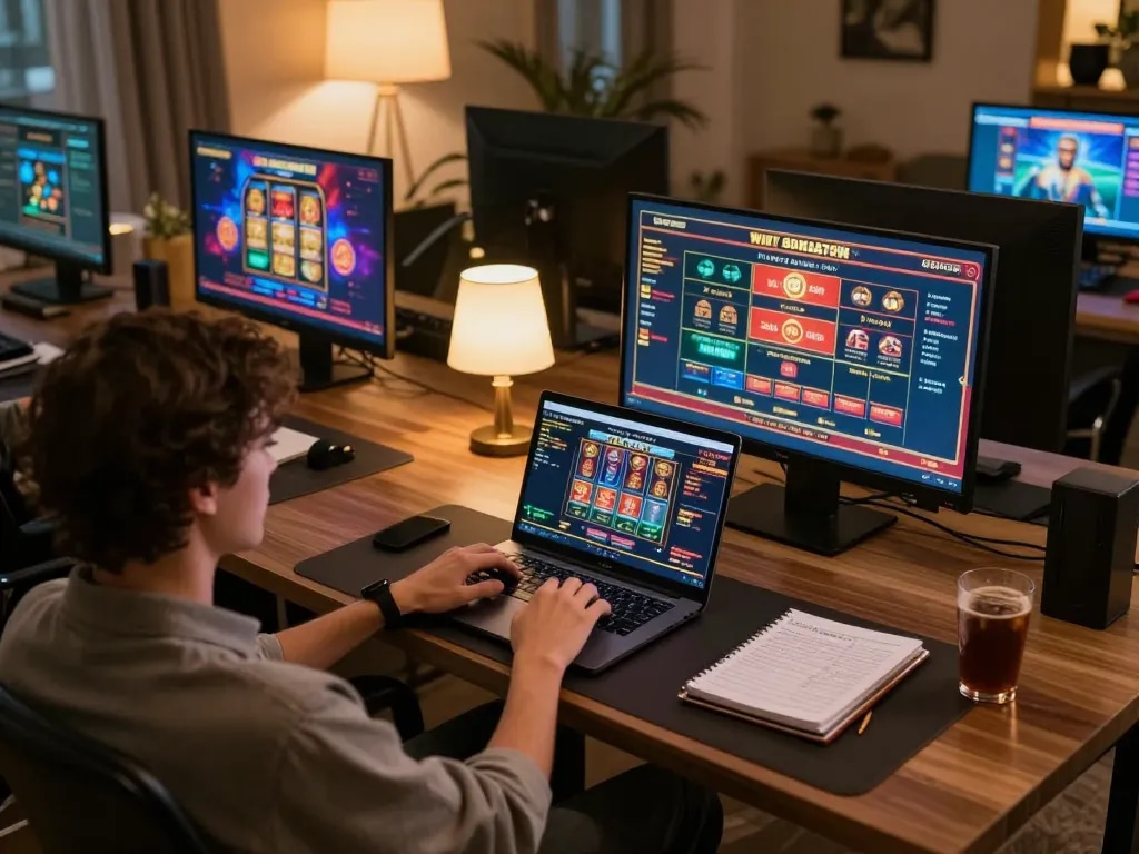 Engaging home online gaming scene showcasing a casinoatlas player immersed in virtual table games, laptop with strategic notes visible.
