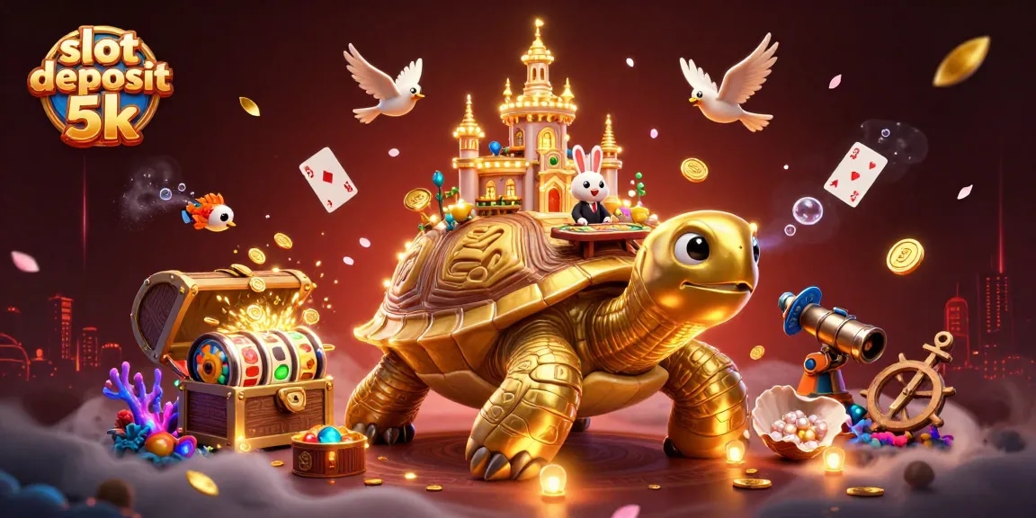 Spin to win with slot deposit 5k, featuring a golden tortoise casino scene with vibrant characters.