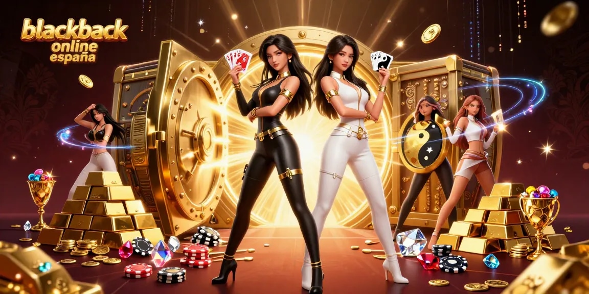 Play blackjack online españa with stunning twin characters holding cards amidst gold and jewels.
