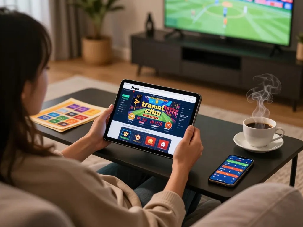 Engaging in online gameplay on the 98win trang chu website with a cozy home atmosphere.