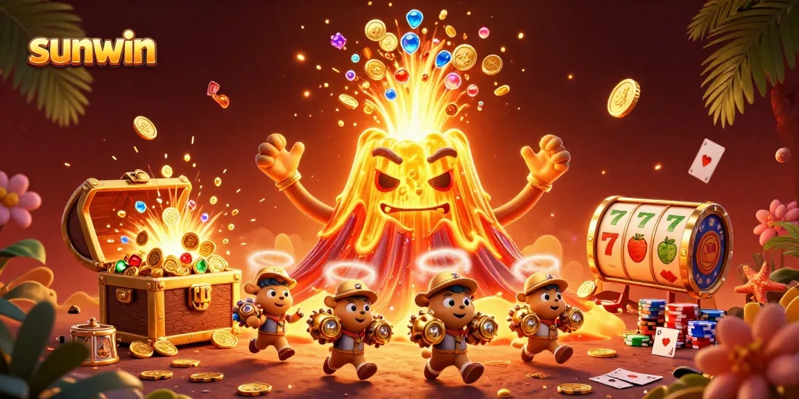 Experience thrilling wins with sunwin's vibrant 3D casino illustration featuring rich game symbols and treasures.