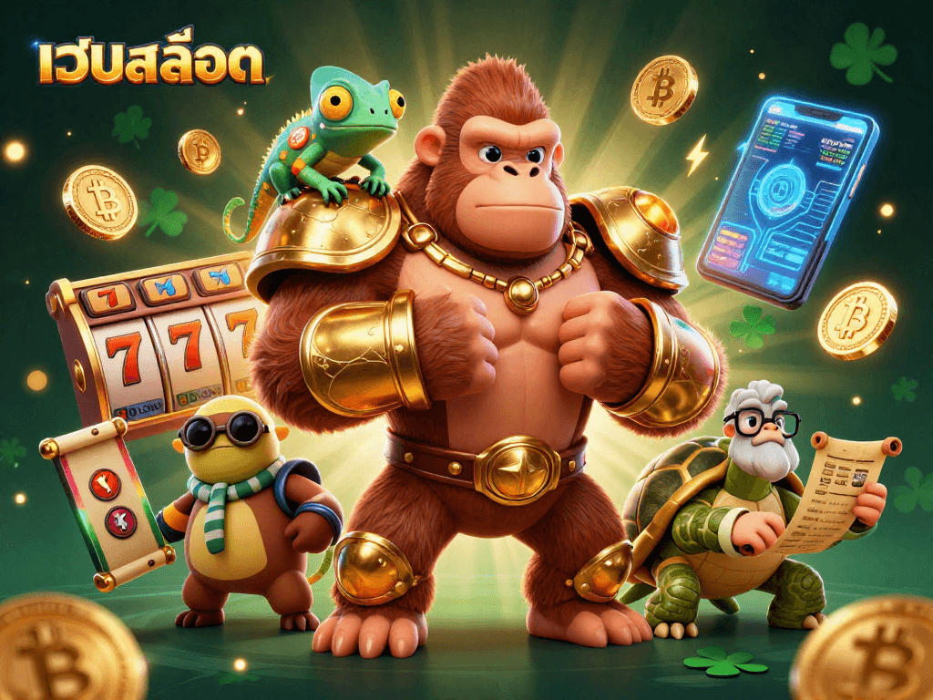 Engage with เว็บสล็อต featuring a golden gorilla king amidst vibrant slot symbols and crypto elements.