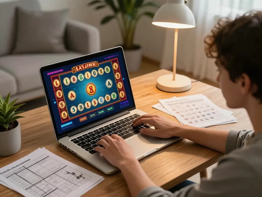 Engaging in gta togel online gaming with a laptop, surrounded by strategy notes in a cozy setting.