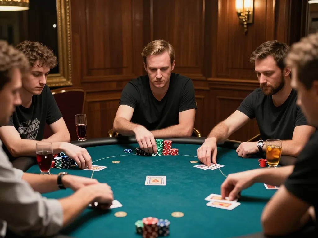 Engaged players in a poker game at casinosscope, showcasing intense strategy and camaraderie