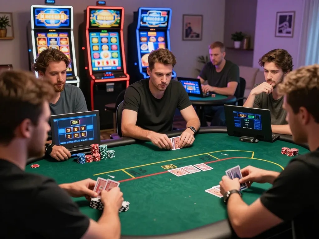 Poker88 players strategy session at an online poker table with lively gameplay and focused expressions.