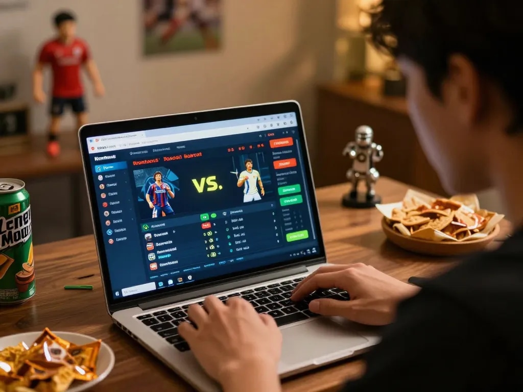 Engaged bettor analyzing odds on Keonhacai5, immersed in sports betting excitement