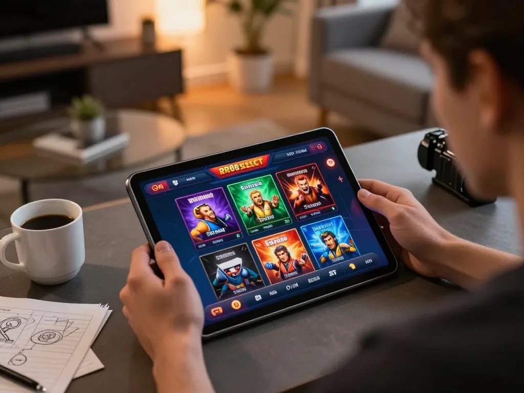 Engaging with the RR88 SELECT casino app on a tablet in a cozy home setup.