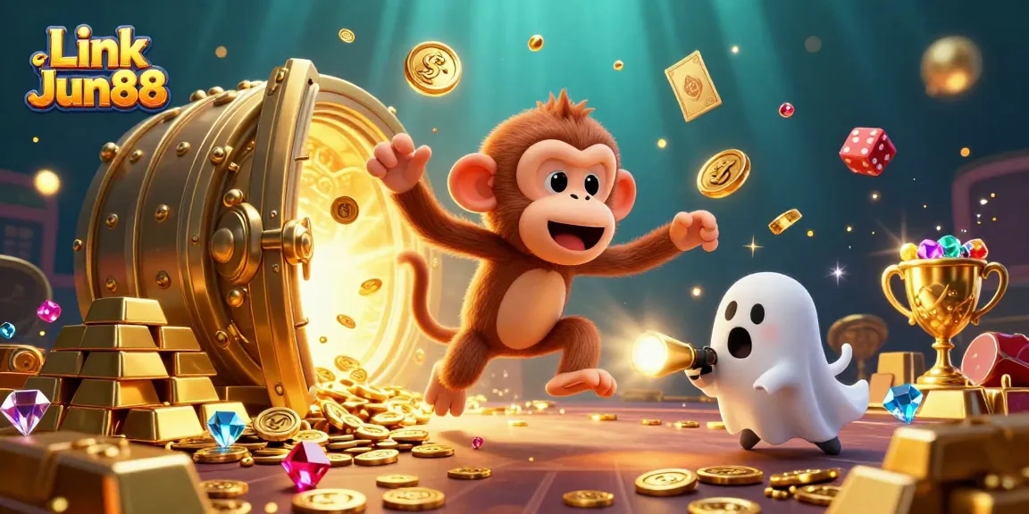 Experience the thrill of Link Jun88 with a vibrant casino scene highlighted by mischievous characters and golden treasures.