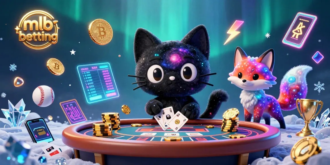 Engage in MLB betting with a cosmic 3D scene showcasing a black hole cat and colorful elements.