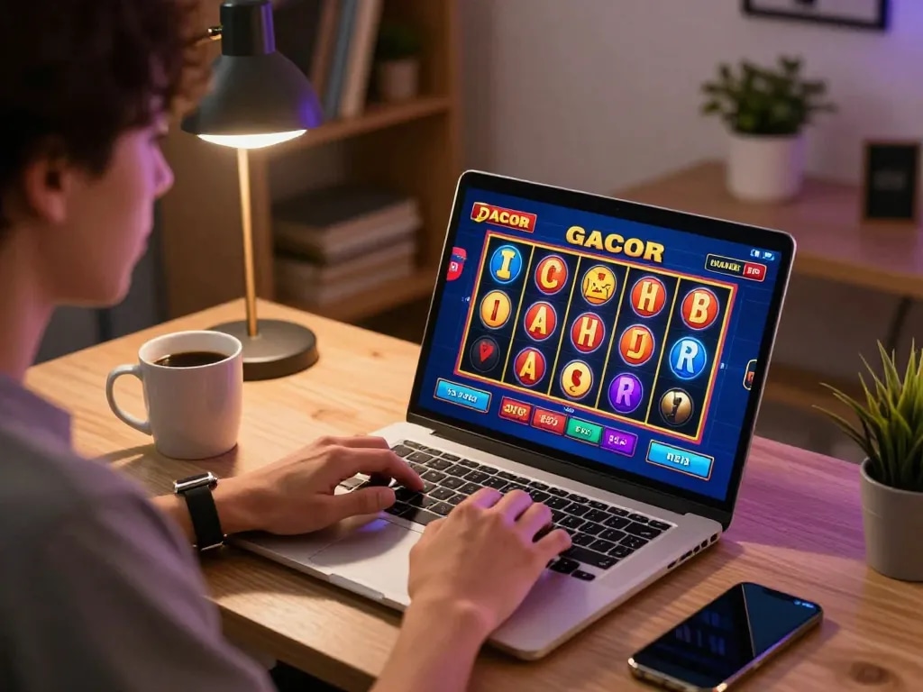 Engaging player exploring slot gacor options on a laptop at home with vibrant gaming interface.