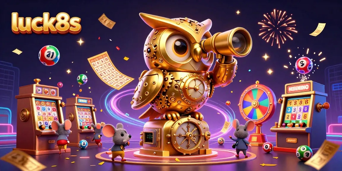 Experience the excitement of luck8s as golden owl scans a vibrant casino scene filled with lottery elements.