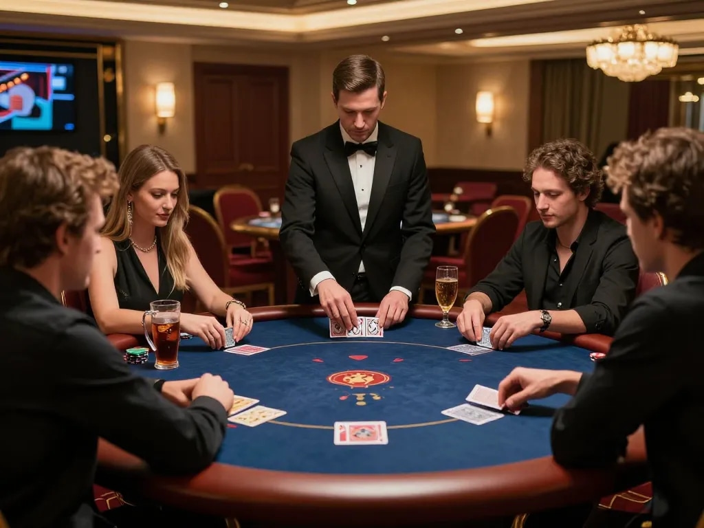 Engaged players strategizing at Slot88 exclusive poker table in upscale casino setting.