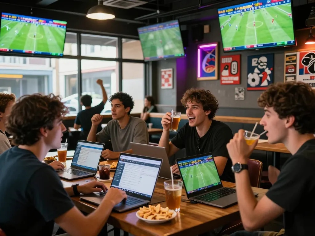 Friends passionately engaged in judi bola at a lively sports bar with multiple screens.