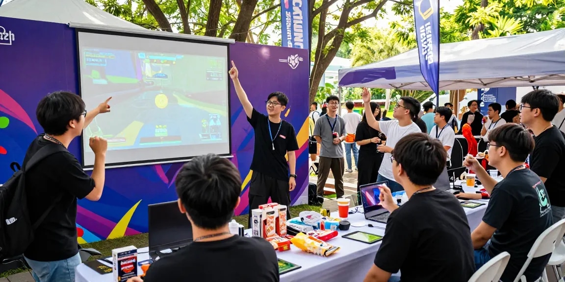 Acara gaming terjun4d dengan peserta bersemangat, menunjukkan permainan sambil dikelilingi kerumunan ceria.