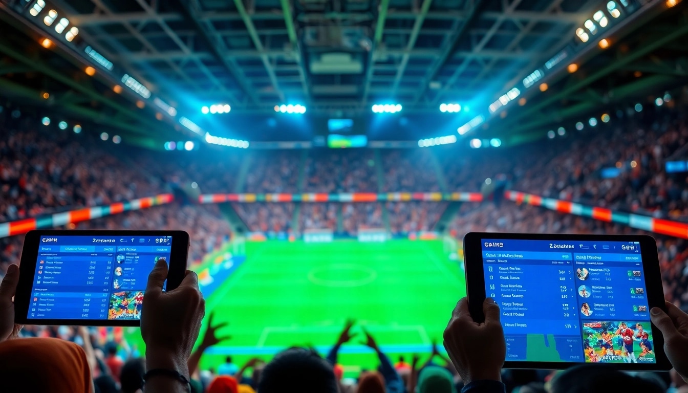 Engage in online Betting with a captivating digital sports betting interface and dynamic stadium backdrop.
