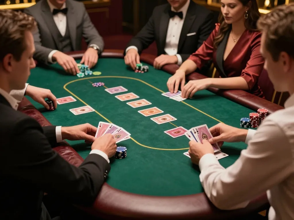 Players enjoying a high-stakes poker game at VIPWIN's exclusive table, showcasing strategy and luxury.
