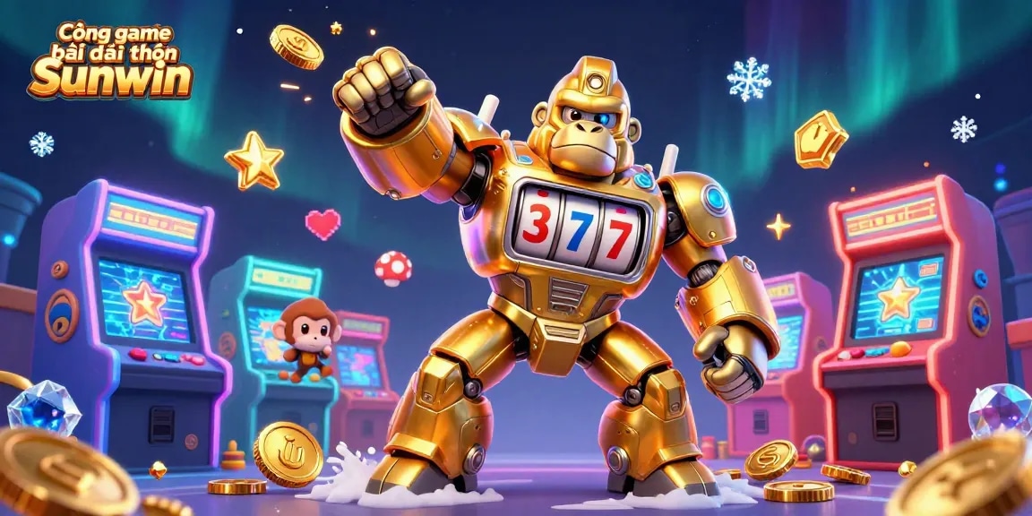 Cổng game bài đổi thưởng Sunwin showcases a vibrant 3D illustration of a golden gorilla mech amidst arcade games and sparkling elements.