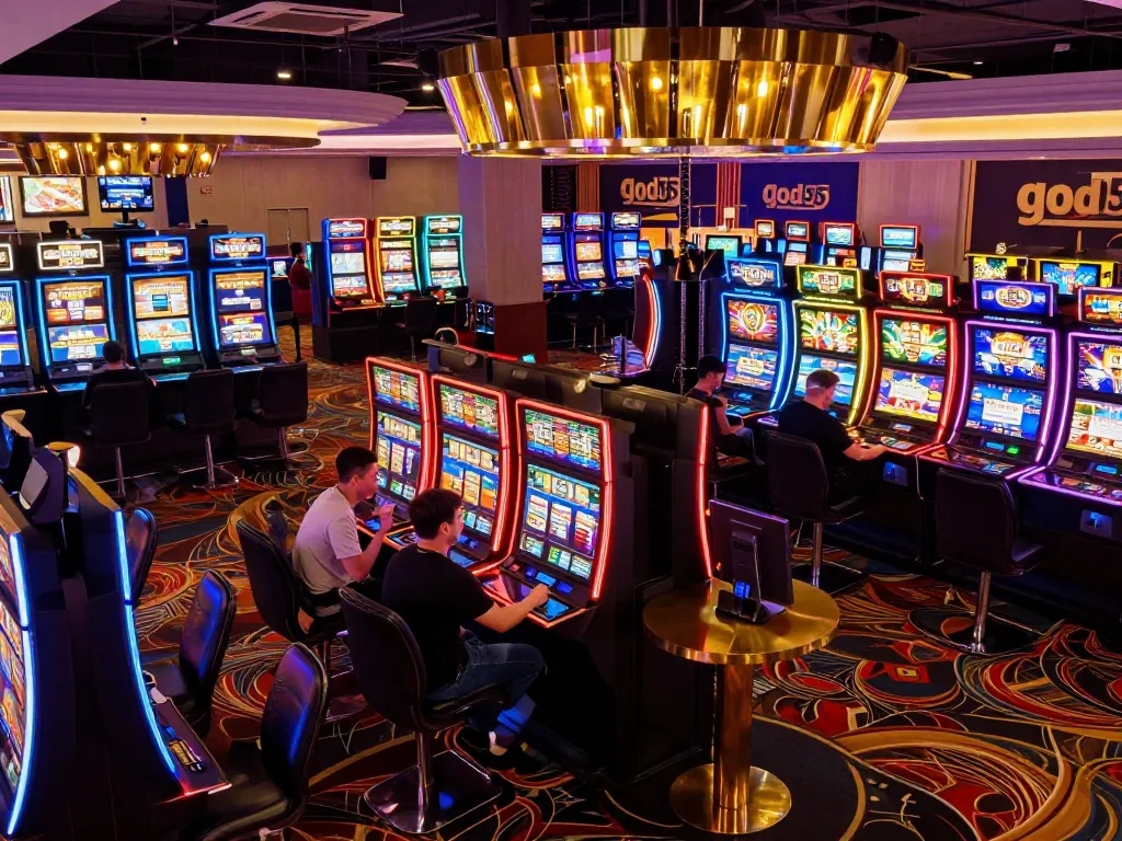 Players enjoying slot machines at God55, showcasing vibrant atmosphere and gaming excitement.