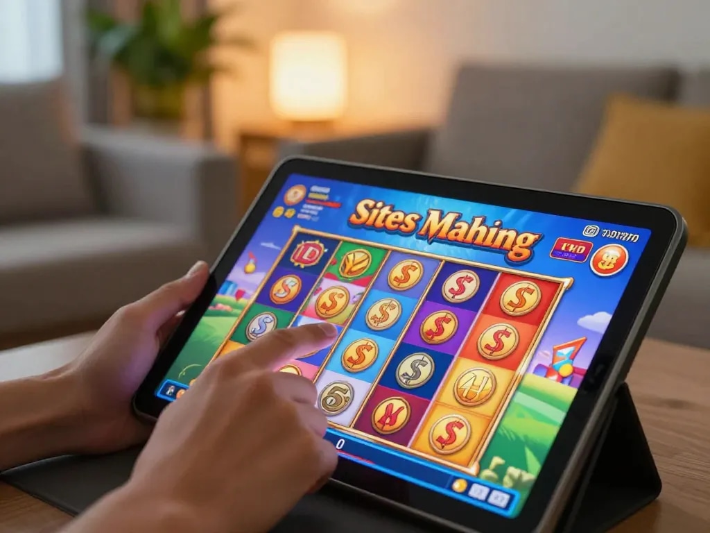 Engaging with situs slot mahjong on a tablet in a cozy living room setting.