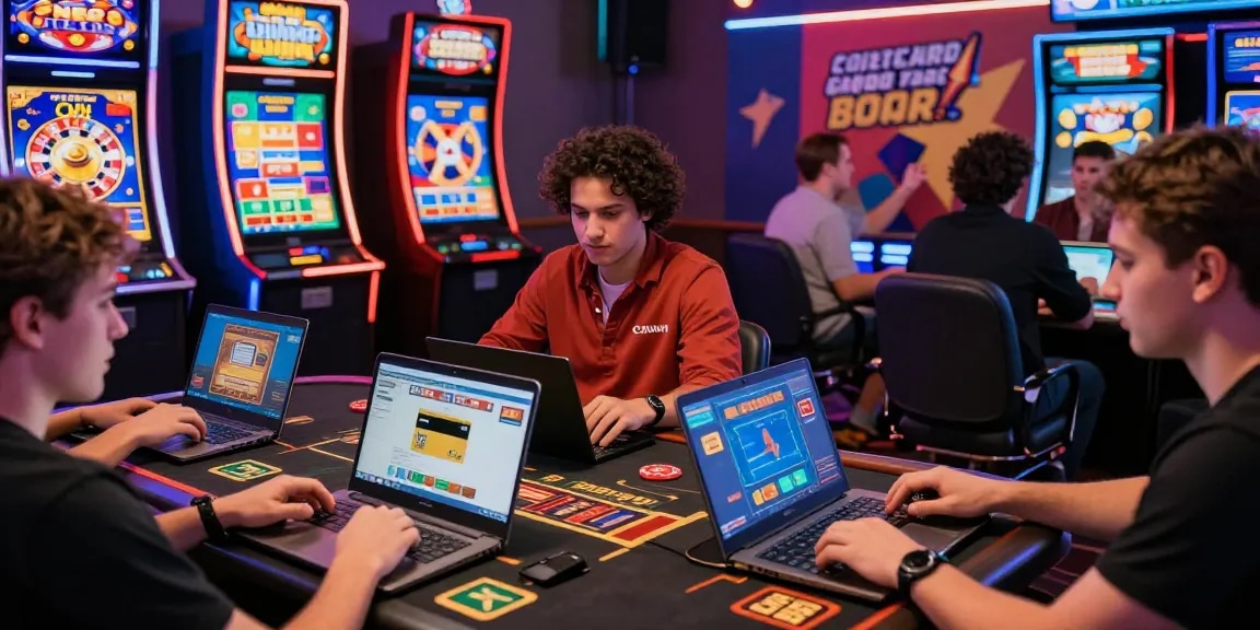 Players enjoying their experience at casinos that accept credit cards, surrounded by exciting game graphics and vibrant decor.