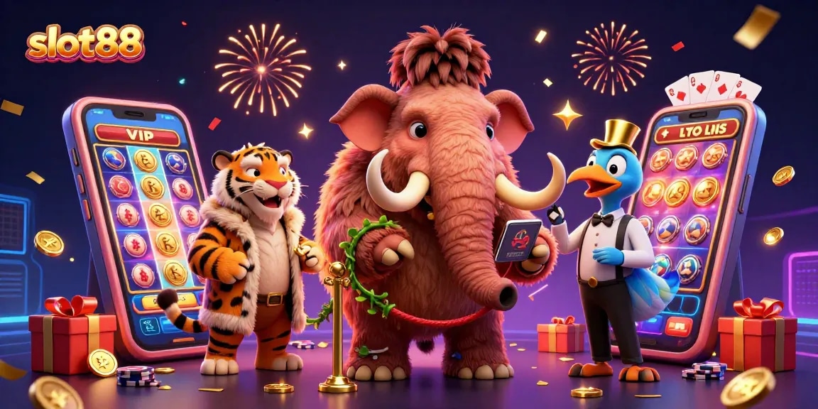 Menangkan permainan slot88 dengan bouncer mammoth, tamu VIP harimau, dan satpam dodo di kasino yang penuh warna.