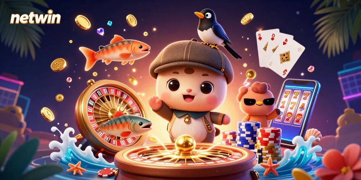 Engage with Netwin's exciting casino ecosystem featuring playful Nessie, gold coins, and vibrant game elements.