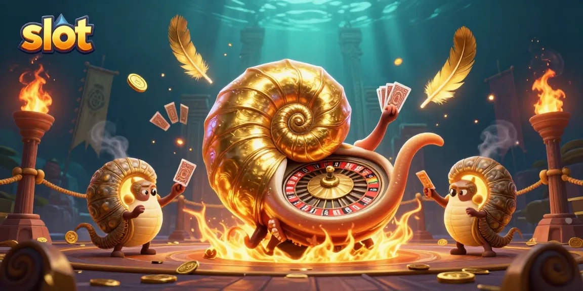 Menangkan permainan slot dengan 3D nautilus berlapis emas dan sinar kuning, meraih kemenangan di arena perjudian.
