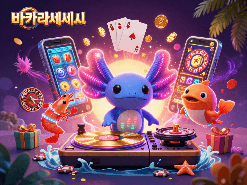 온라인 바카라사이트에서 화려한 3D 그래픽이 돋보이는 상반신 DJ와 춤추는 새우들이 함께하는 유쾌한 장면을 담았습니다.