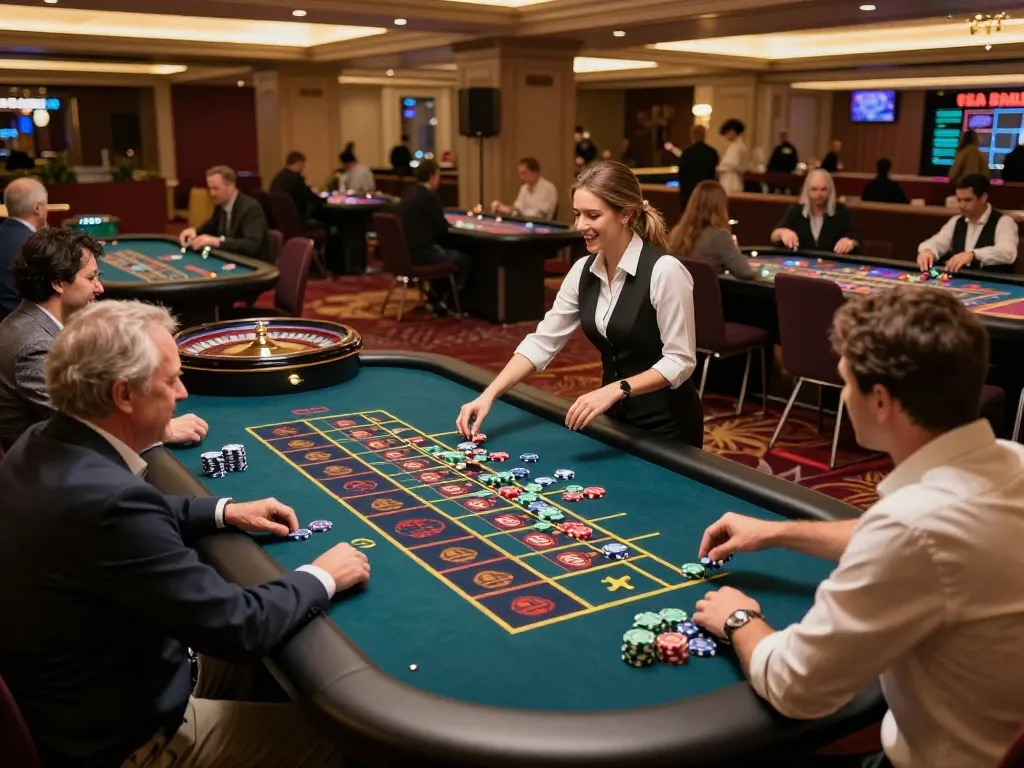 Experience the excitement of nhà cái 388bet as players bet at a vibrant roulette table.