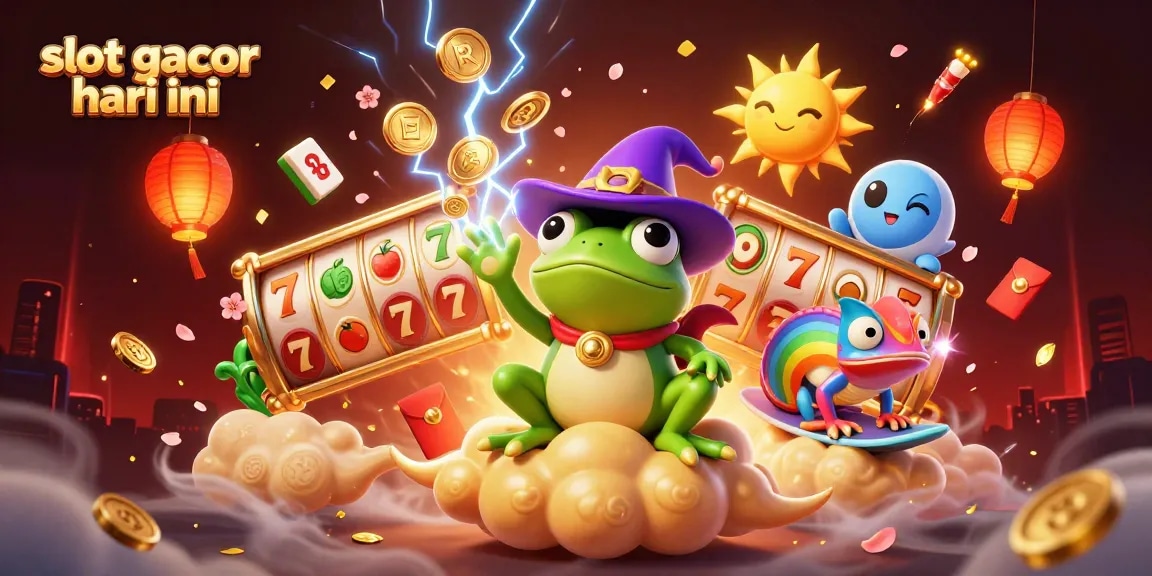 Experience the excitement of slot gacor hari ini with golden coins raining from a wizard frog amidst vibrant casino visuals.