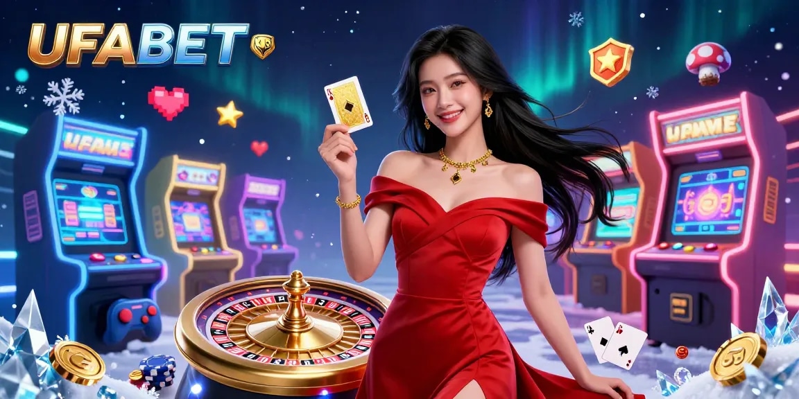 Feel the excitement at UFABET as a stunning Asian dealer engages players with her golden card beside a dynamic roulette wheel.