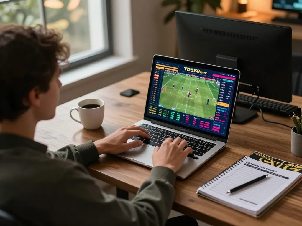 Engaging in a TD88 bet on a laptop while tracking odds and strategies in a comfortable setting.