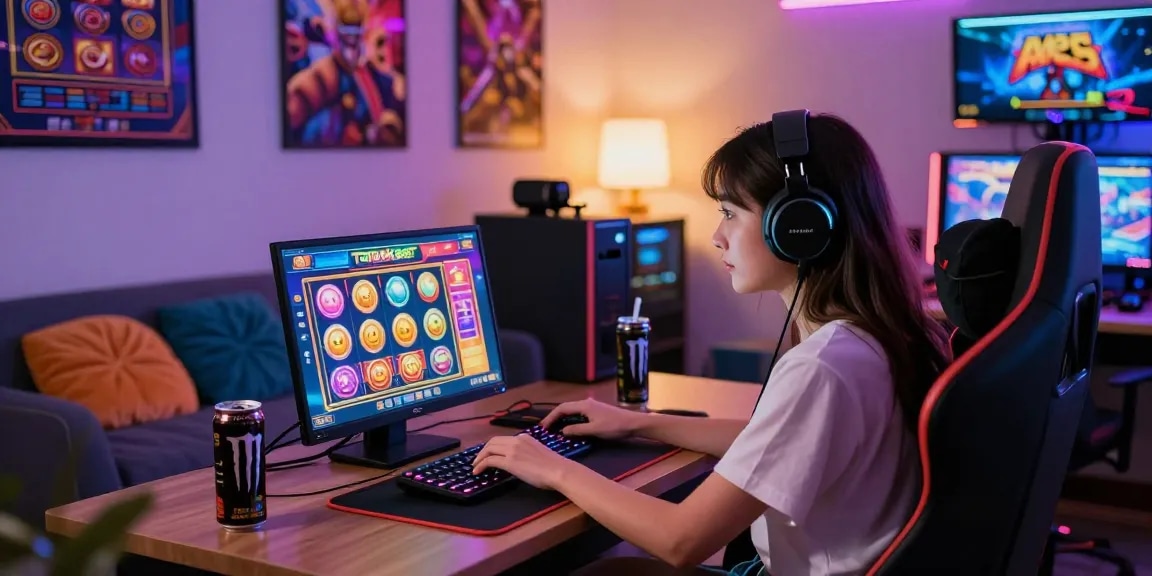 Engaged gamer playing tambakbet slot on a laptop in a vibrant gaming room.