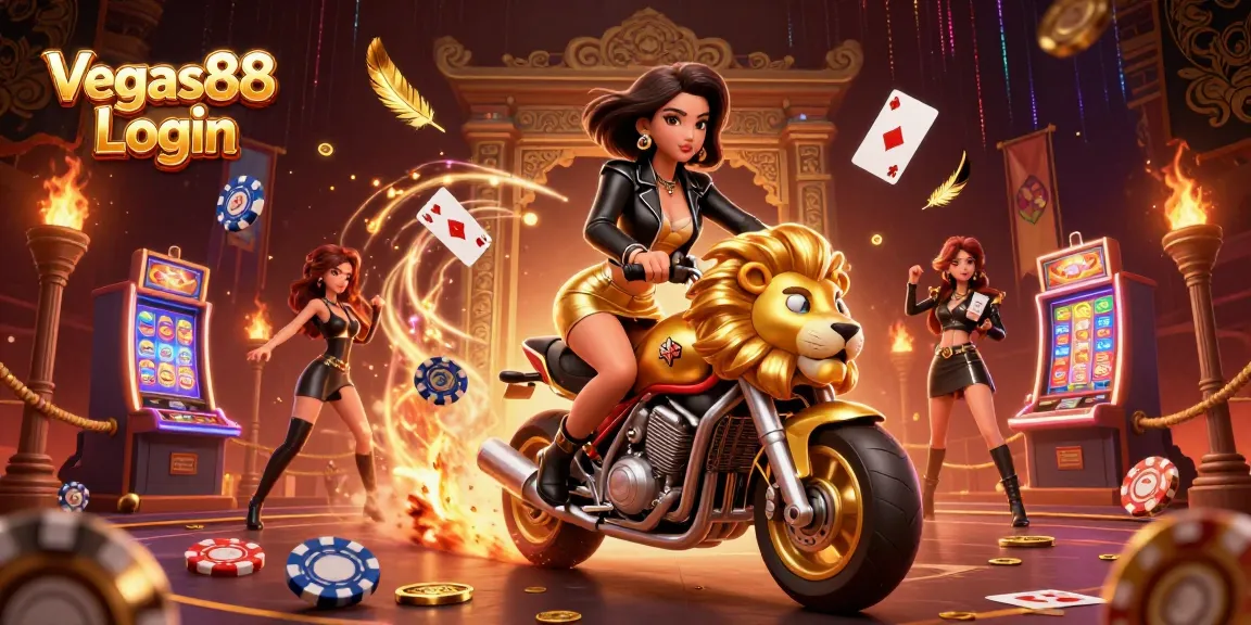 Experience Vegas88 Login with a glamorous Asian woman riding a lion in a vibrant casino scene.
