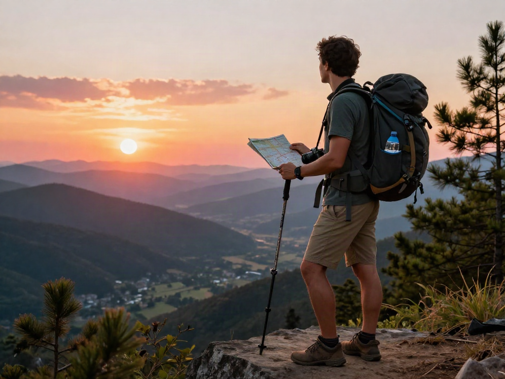 Traveler at sunset view overlooking mountains, representing rokok88 outdoor adventures.
