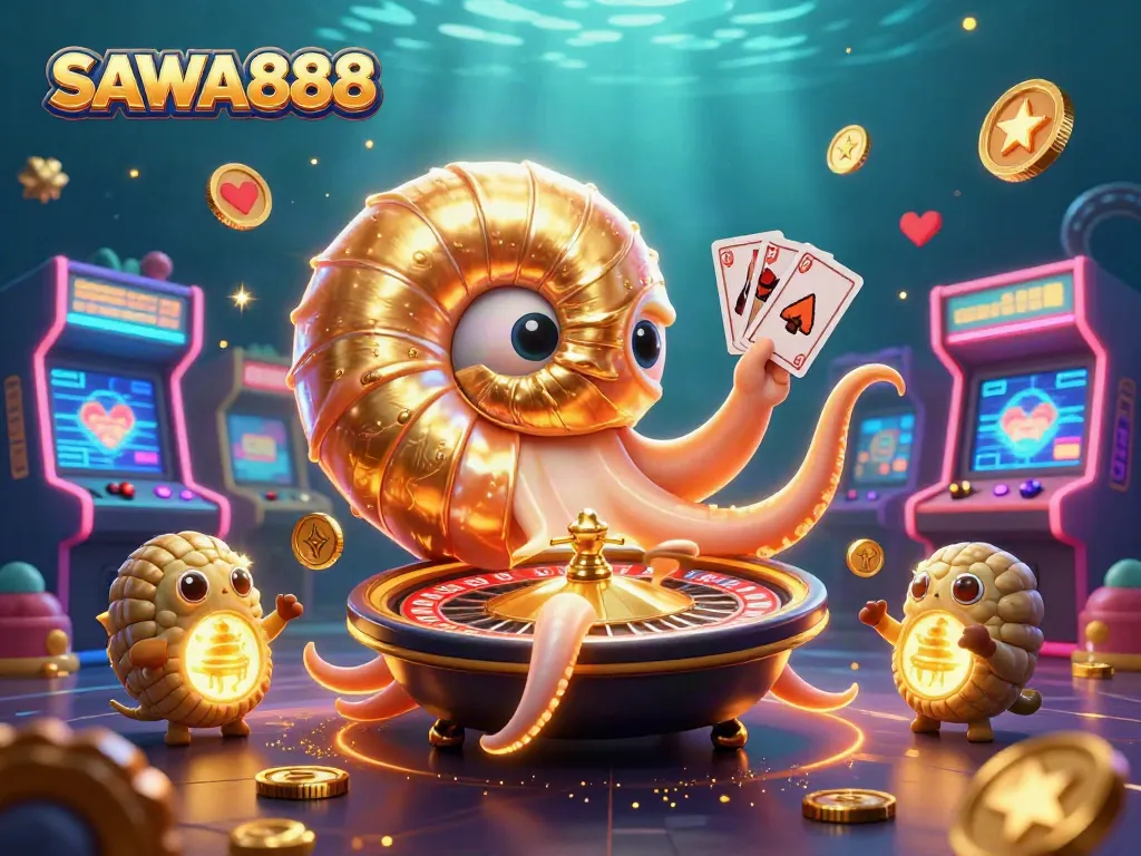 SAWA888 showcases a vibrant casino scene with a glowing nautilus roulette wheel and illuminated arcade games.