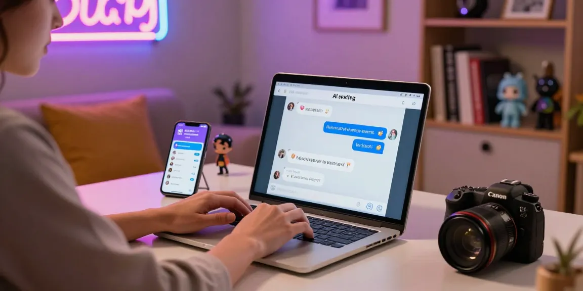 Sexting AI interactive chat scene in a cozy home office with playful messages and vibrant decor.