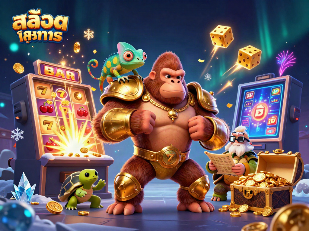 Experience สล็อตทดลอง action with a dynamic scene featuring a golden-armored gorilla king and magical elements.