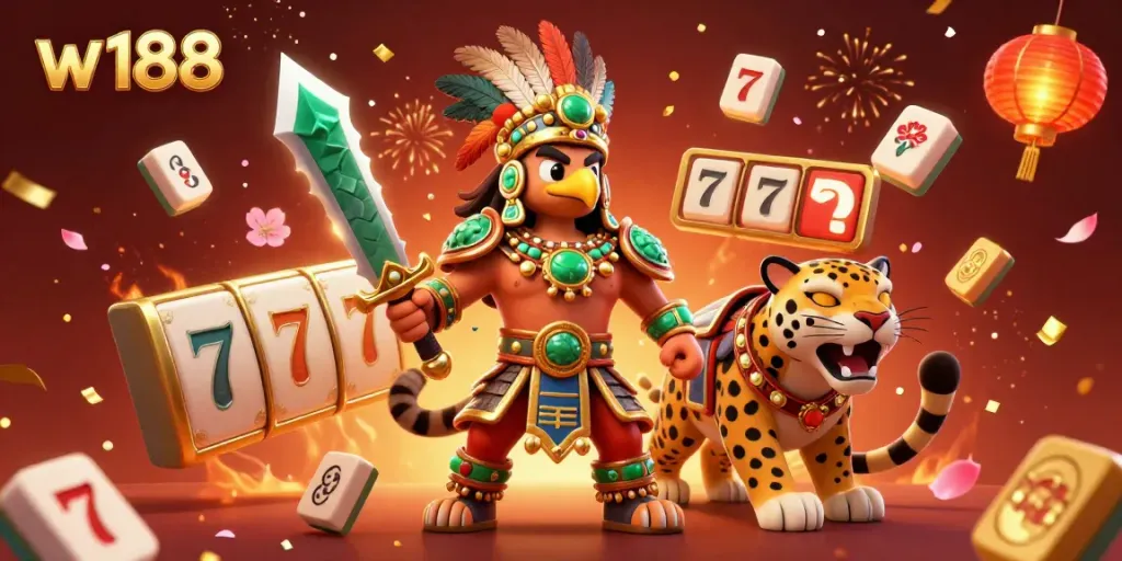 w188 offers exciting slot games illustrated with vibrant characters and festive elements.