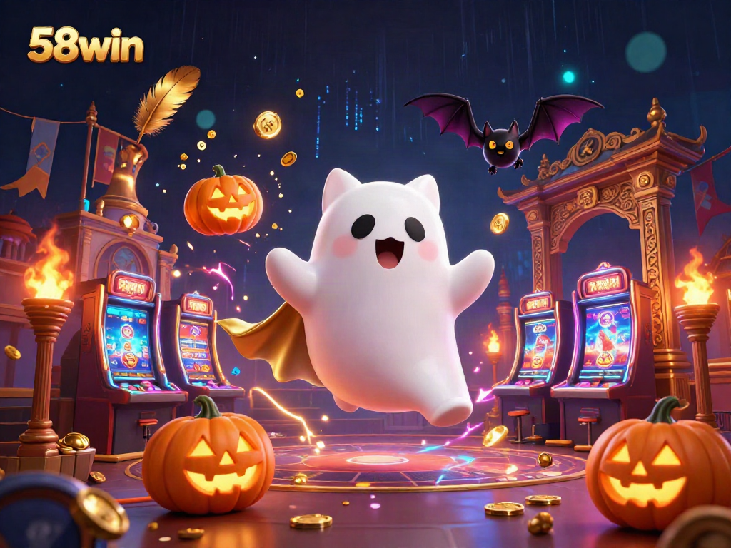Experience the thrill of 58win with a playful ghost cat and vibrant casino atmosphere.
