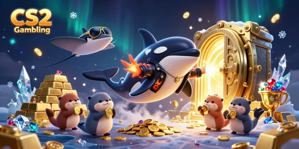 CS2 Gambling scene with cartoon orca, stingray, and otters surrounded by gold and treasure