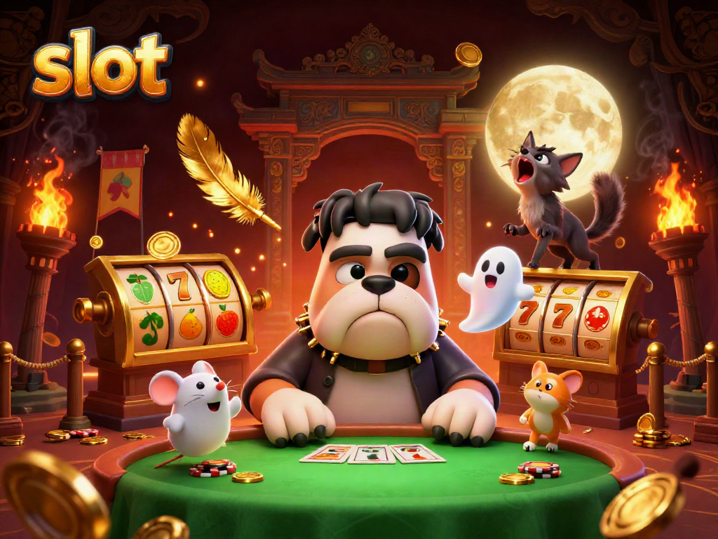 Spin the slot reels with a Frankenstein bulldog dealer at a mystical casino.