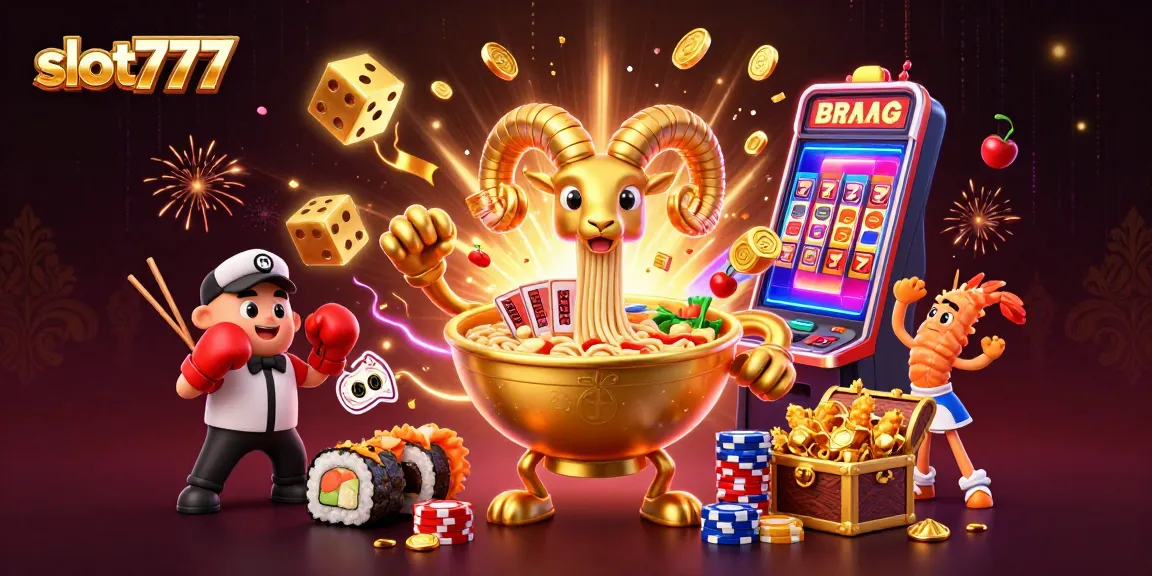 Mainkan slot777 dengan kegembiraan di depan mesin slot berkilau dan karakter menarik.