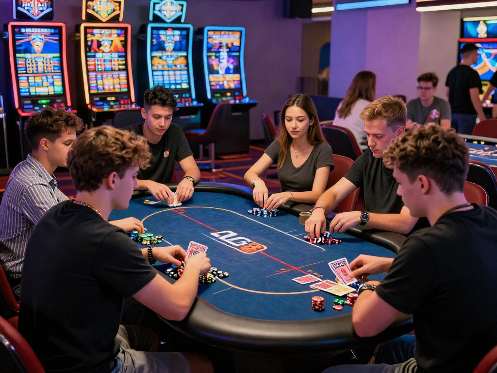 Group of friends enjoying ALO8 online gaming experience in vibrant casino atmosphere.