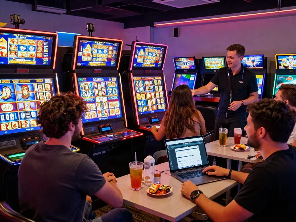 Group enjoying akunjp online gambling at a vibrant gaming lounge
